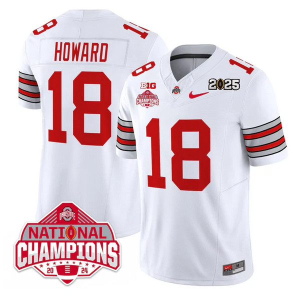 Men's Ohio State Buckeyes #18 Will Howard White 2025 CFP Final With National Champions Patch F.U.S.E. Vapor Limited Stitched Football Jersey Men's Ohio State Buckeyes #18 Will Howard White 2025 CFP Final With National Champions Patch F.U.S.E. Vapor Limited Stitched Football Jersey